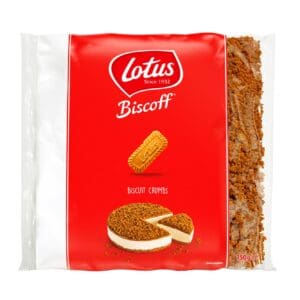 A package of Lotus Biscoff Crumb 750g cookies with an image showing a whole biscuit, a bisected biscuit, and cookie crumbs on a white background.