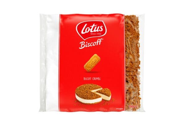 A package of Lotus Biscoff Crumb 750g cookies with an image showing a whole biscuit, a bisected biscuit, and cookie crumbs on a white background.