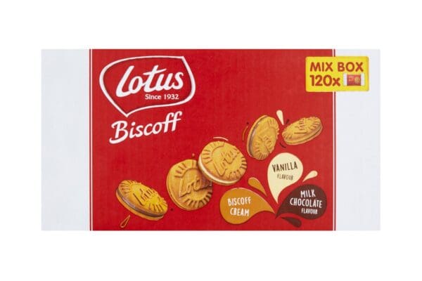 A Lotus Biscoff Sandwich Assortment 120 x 10g box featuring vanilla and milk chocolate flavored cookies, illustrated on a vibrant red background.