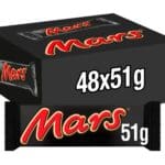 A black box containing a Mars Chocolate Bar 48x51g, each weighing 51 grams, with the Mars logo displayed prominently on each side.