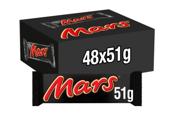 A black box containing a Mars Chocolate Bar 48x51g, each weighing 51 grams, with the Mars logo displayed prominently on each side.
