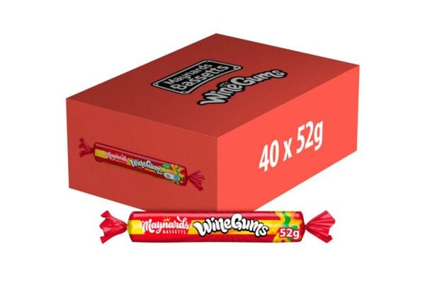 A box of Maynards Bassetts Wine Gums Sweets Rolls 40x52g with a displayed quantity of "40 x 52g", alongside an individual wine gum roll.