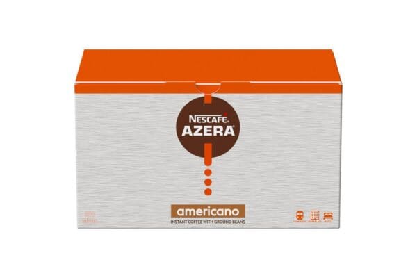 A box of NESCAFÉ Azera Americano Instant Coffee Sachets 200x2g with ground beans, featuring a red and brown logo on a gray textured background.