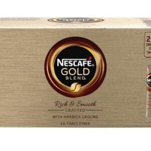 Box of Nescafe Gold Blend Instant Coffee Sachets 200x1.8g, labeled as rich and smooth, crafted with arabica ground.