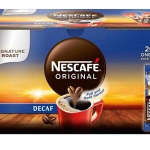 A box of Nescafe Original Instant Coffee Sachets 200x1.8g decaf with 200 single-serving stick sachets, featuring an image of a red mug filled with coffee.
