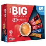 A box of Nestlé Big Biscuit Box 1 x 1.357kg containing 69 assorted chocolate bars including KitKat, Blue Riband, and Toffee Crisp alongside a coffee cup.