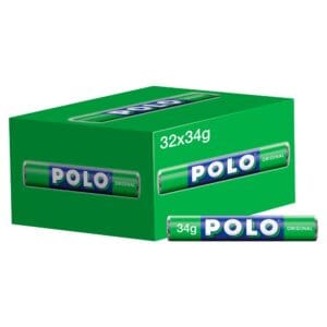 A multipack of Nestlé Polo Original Mints 32 x 34 g, with two visible rolls and packaging indicating 32x34g quantity.