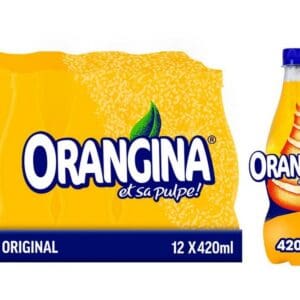 Packaging and bottle of Orangina Sparkling Fruit Drink 12x420ml, a 12-pack of 420ml bottles beside a single bottle, prominently displaying the beverage's pulpy texture.