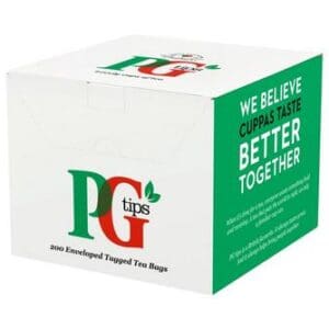 A box of PG Tips 200 Enveloped Tea Bags with the slogan "we believe cuppas taste better together" on it.