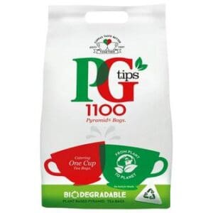 A package of PG tips Black Tea Bags Pack of 1100 with a green and red label.