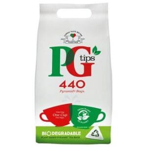 PG tips Tea Bags Pack of 440 in a white biodegradable package with green and red accents, featuring the brand logo and the "plant based bags" label.