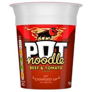 A container of Pot Noodle Beef & Tomato 12x90g in red packaging with product branding and a cooking time of 4 minutes.