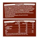 An image of a Pot Noodle Beef & Tomato 12x90g packet's label showing ingredients and nutritional information on a reddish-brown background.