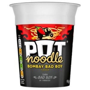 A Pot Noodle Bombay Bad Boy 12x90g container, featuring a flaming logo and black background.