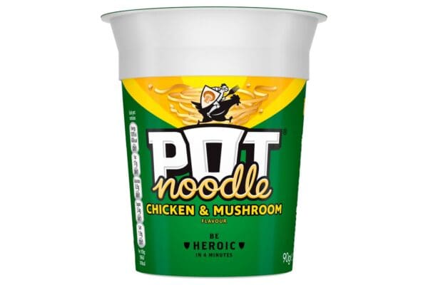 A container of Pot Noodle Chicken & Mushroom 12x90g, featuring branding and a cartoon chef on the label.