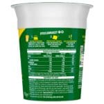 A nutritional label on a cylindrical Pot Noodle Chicken & Mushroom 12x90g container, displaying ingredients, caloric content, and dietary information in green and white typography.