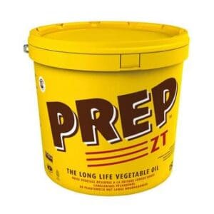Yellow tub labeled "Prep ZT Long Life Vegetable Oil Tub 15ltr", described as long-life vegetable oil, on a white background.