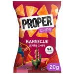 A package of Properchips BBQ Lentil Chips 24x20g, displaying vibrant graphics and nutritional information.