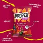 A bag of Properchips BBQ Lentil Chips 24x20g labeled as gluten-free and vegan, marked with "94 calories" on a vibrant pink background.