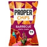 A pack of Properchips BBQ Lentil Chips 24x20g displaying chips, a cactus, and a woman in a red dress dancing, with a 94 kcal label.