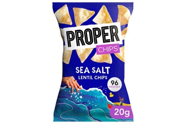 A bag of Properchips Sea Salt Lentil Chips 24x20g, featuring a vibrant graphic of a hand reaching for chips above stylized ocean waves with a small boat.