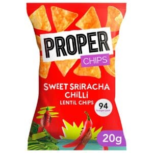 A package of Properchips Sweet Sriracha & Chilli Lentil Chips 24x20g featuring sweet sriracha chili flavor, made from lentils, with a bright red background and illustrations of