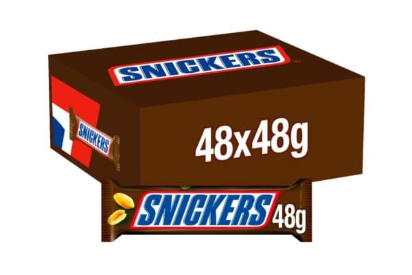 Sentence with replaced product name: A large cardboard box labeled "Snickers Chocolate Bar 48x48g" with an indication that it contains 48 bars, showing the Snickers logo and depiction of the candy.