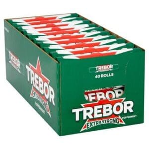 A box of Trebor Extra Strong Peppermint Mints Roll 40x41.3g, containing 40 rolls with red and white wrappers.