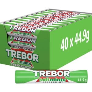 A box of Trebor Softmints Peppermint Mints Roll 40x44.9g containing 40 rolls of peppermint-flavored mints, displayed with one roll visible in front.