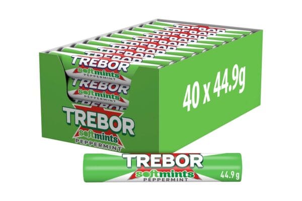 A box of Trebor Softmints Peppermint Mints Roll 40x44.9g containing 40 rolls of peppermint-flavored mints, displayed with one roll visible in front.