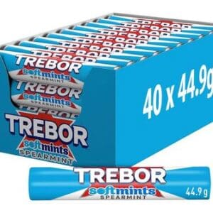 A box containing 40 rolls of Trebor Softmints Spearmint Mints Roll 40x44.9g, each weighing 44.9 grams, displayed with individual packaging visible.