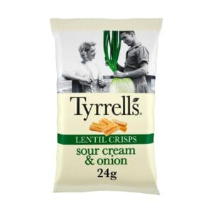 Package of Tyrrell's Lentil Crisps Sour Cream & Onion 24 x 24g, featuring a black and white image of a man and woman in vintage attire, holding a large green ribbon.