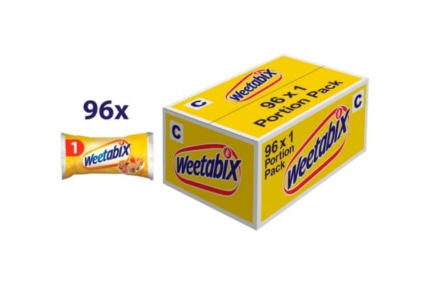 A Weetabix Cereal Single Portion Pack C 96x1 containing 96 single portion packs, displaying the product logo and nutritional information.