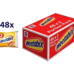 A Weetabix Cereal Twin Portion Pack B 48x2 next to an individual serving packet of Weetabix.