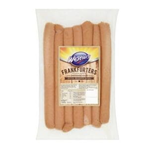 Packaged Westlers Premium Frankfurter 7x90g (8”) in a clear plastic tray, displaying ten sausages with a colorful label in the center.