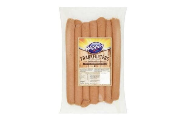 Packaged Westlers Premium Frankfurter 7x90g (8”) in a clear plastic tray, displaying ten sausages with a colorful label in the center.