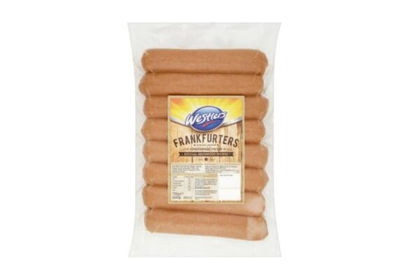 A package of Westlers Premium Frankfurter 7 x 50g (6½”) brand frankfurters, displaying ten sausages and product labeling on a white background.