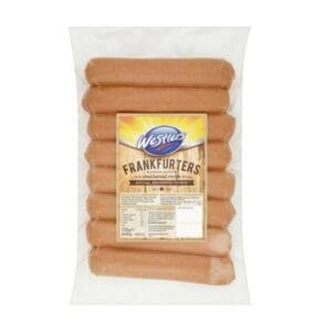 Packaged Westlers Premium Frankfurters in a transparent plastic wrapper, showing eight sausages stacked in two rows with visible branding and nutritional information.