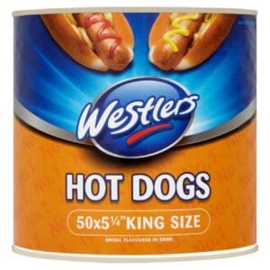A can of Westlers Premium Range King Size 50 Hot Dogs (5¼”), labeled "king size," featuring an image of hot dogs on the front.