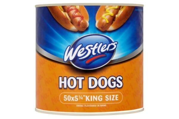 A can of Westlers Premium Range King Size 50 Hot Dogs (5¼”), labeled "king size," featuring an image of hot dogs on the front.