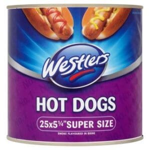 A can of Westlers Premium Range Super Size Hot Dogs 25 x 76g (5¼”) labeled "25x5¼” super size" with an illustration of hot dogs on the front.