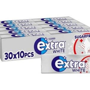 A pack of Wrigley's Extra Bubblemint sugarfree chewing gum, containing 30 smaller packs with 10 pieces each, displayed against a white background.