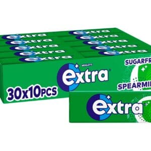 A pack of Wrigley's Extra Spearmint Chewing Gum Sugar Free 30x10pcs containing 30 smaller packs, each with 10 pieces, displayed against a white background.