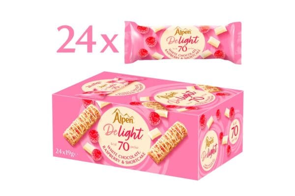 A box of 24 Alpen Delight White Chocolate Raspberry bars, each wrapped in bright pink packaging featuring white chocolate raspberry, cherry, and shortbread flavors.
