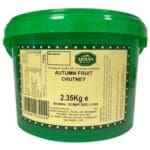 Plastic tub of Arran Fine Foods Autumn Fruit Chutney 2.35kg labeled 2.35 kg, produced on the Isle of Arran, Scotland, with a green lid.