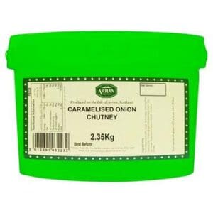 Green plastic tub labeled "Arran Fine Foods Caramelised Onion Chutney 2.35kg" produced on the Isle of Arran, Scotland.