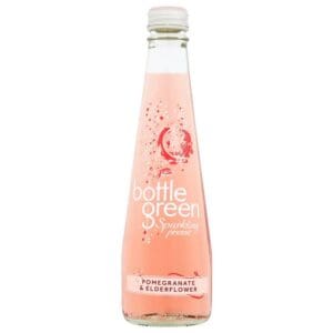 A clear glass bottle of Bottlegreen Pomegranate & Elderflower Sparkling Presse (glass bottle) - 12x275ml, showcased on a white background.