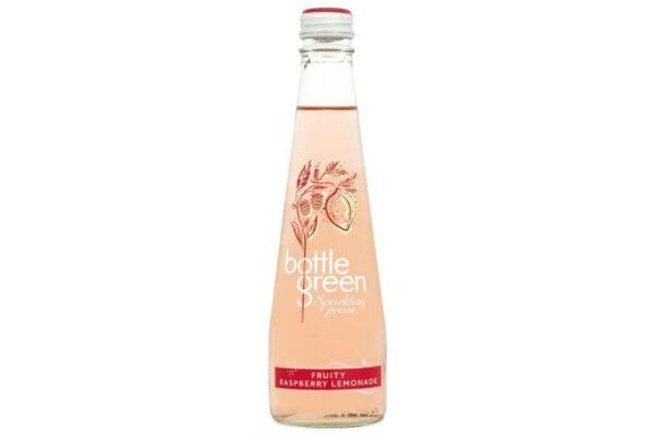 A clear glass bottle of Bottlegreen Raspberry Lemonade Sparkling Presse with a red label, isolated on a white background.
