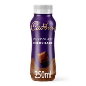 A Cadbury Milk Drink Chocolate 8x250g in a purple bottle with a picture of a chocolate square on it.