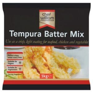 Sentence with the product name: Package of Chef William Foodservice Tempura Batter Mix 1kg, displaying battered seafood, chicken, and vegetables, labeled as vegan and suitable for vegetarians.